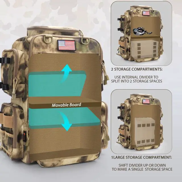Alt view image 3 of 7 - Fishing Backpack, Fishing Tackle Backpack with Rod Holders for 4 Boxes (Box Not Included) 45L Waterproof Fishing Gear, Ideal for Men and Women Large Tackle Box Bag (Sahara Khaki Camo)