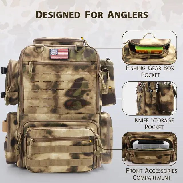 Alt view image 4 of 7 - Fishing Backpack, Fishing Tackle Backpack with Rod Holders for 4 Boxes (Box Not Included) 45L Waterproof Fishing Gear, Ideal for Men and Women Large Tackle Box Bag (Sahara Khaki Camo)