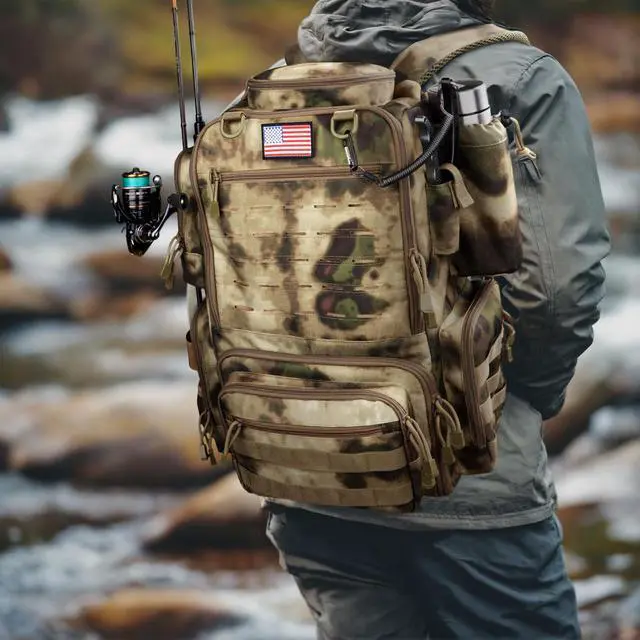 Alt view image 7 of 7 - Fishing Backpack, Fishing Tackle Backpack with Rod Holders for 4 Boxes (Box Not Included) 45L Waterproof Fishing Gear, Ideal for Men and Women Large Tackle Box Bag (Sahara Khaki Camo)