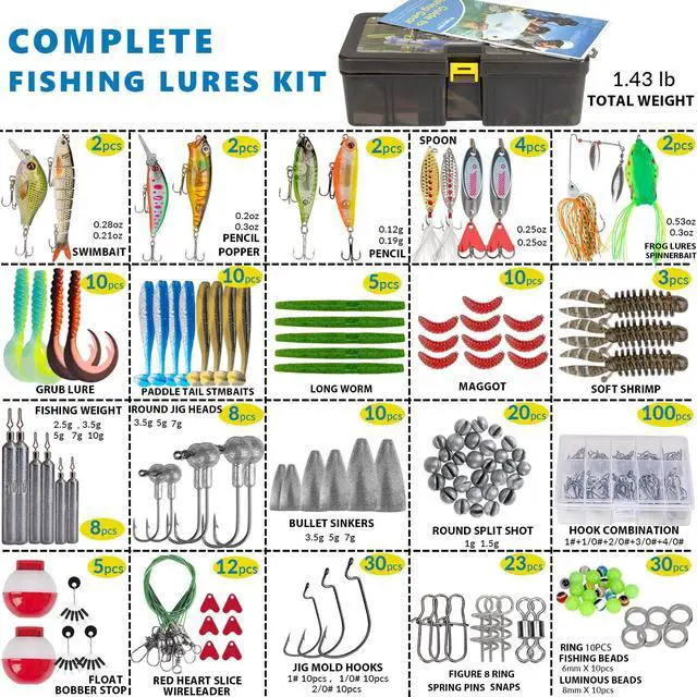 Alt view image 3 of 7 - Fishing Lures Kit, Bass Fishing Gear Kit for Freshwater Tackle Box with Tackle Included Topwater Baits, Swimbaits, Frog, Fsihing Bait Accessories Gift for Men