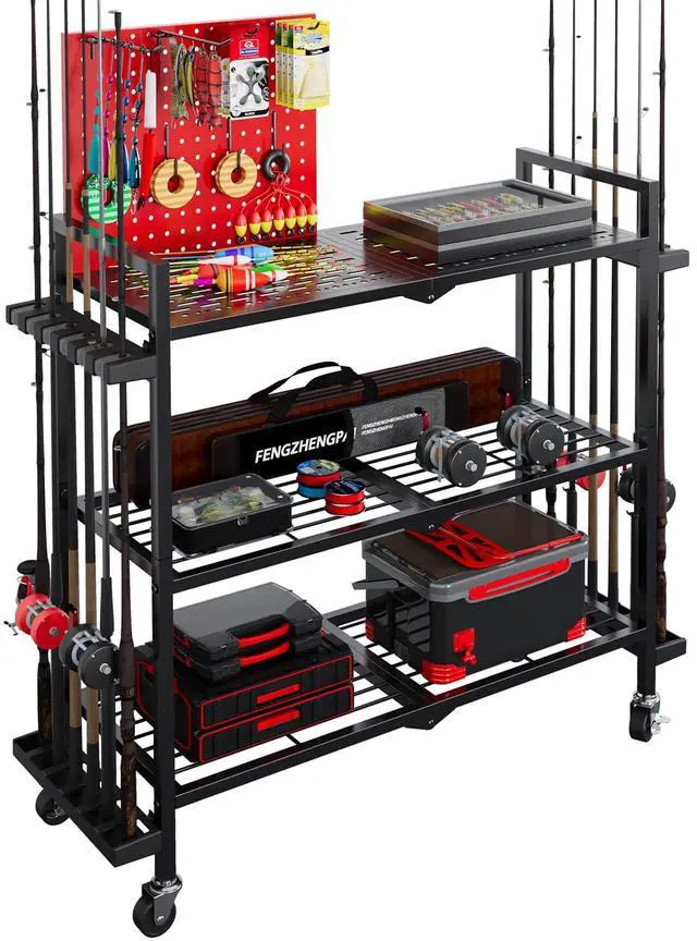 Main image of Fishing Rod Holders for Garage, Fishing Rod Stand with Wheels and Pegboard, 3-Tier Pole Storage Rack with 8 Hooks and 12 Rod Slots, Ideal for Tackle, Backpacks, and Gear Red