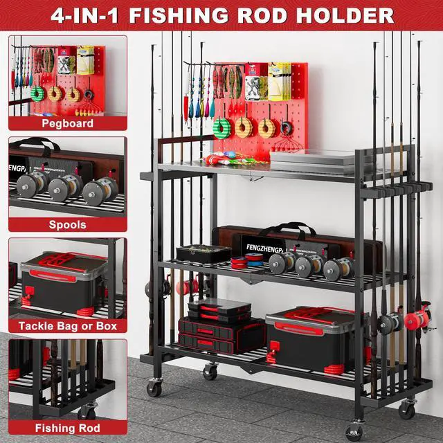 Alt view image 2 of 7 - Fishing Rod Holders for Garage, Fishing Rod Stand with Wheels and Pegboard, 3-Tier Pole Storage Rack with 8 Hooks and 12 Rod Slots, Ideal for Tackle, Backpacks, and Gear Red
