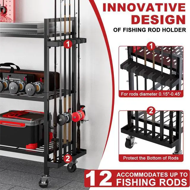 Alt view image 3 of 7 - Fishing Rod Holders for Garage, Fishing Rod Stand with Wheels and Pegboard, 3-Tier Pole Storage Rack with 8 Hooks and 12 Rod Slots, Ideal for Tackle, Backpacks, and Gear Red