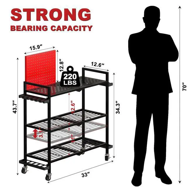 Alt view image 4 of 7 - Fishing Rod Holders for Garage, Fishing Rod Stand with Wheels and Pegboard, 3-Tier Pole Storage Rack with 8 Hooks and 12 Rod Slots, Ideal for Tackle, Backpacks, and Gear Red