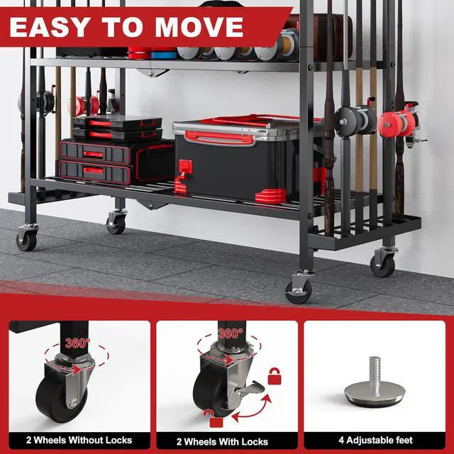 Alt view image 5 of 7 - Fishing Rod Holders for Garage, Fishing Rod Stand with Wheels and Pegboard, 3-Tier Pole Storage Rack with 8 Hooks and 12 Rod Slots, Ideal for Tackle, Backpacks, and Gear Red