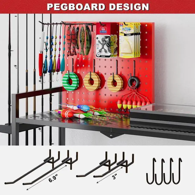 Alt view image 6 of 7 - Fishing Rod Holders for Garage, Fishing Rod Stand with Wheels and Pegboard, 3-Tier Pole Storage Rack with 8 Hooks and 12 Rod Slots, Ideal for Tackle, Backpacks, and Gear Red