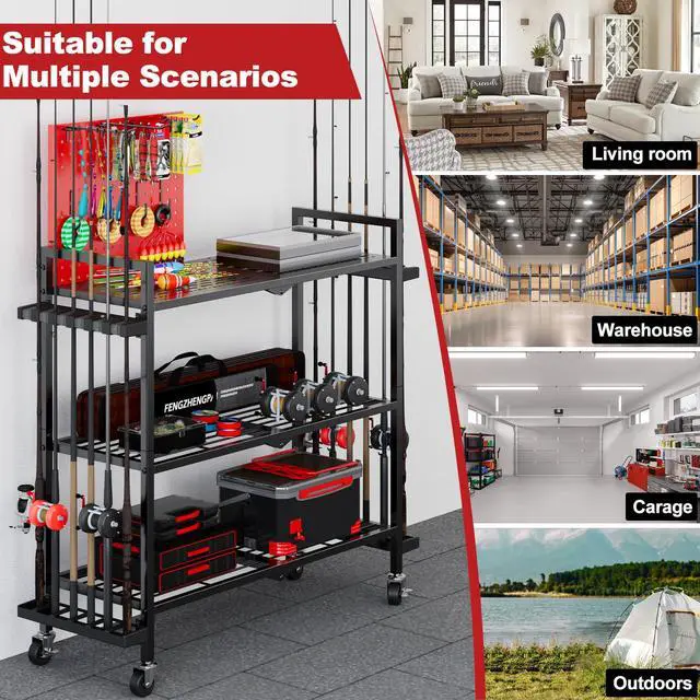 Alt view image 7 of 7 - Fishing Rod Holders for Garage, Fishing Rod Stand with Wheels and Pegboard, 3-Tier Pole Storage Rack with 8 Hooks and 12 Rod Slots, Ideal for Tackle, Backpacks, and Gear Red