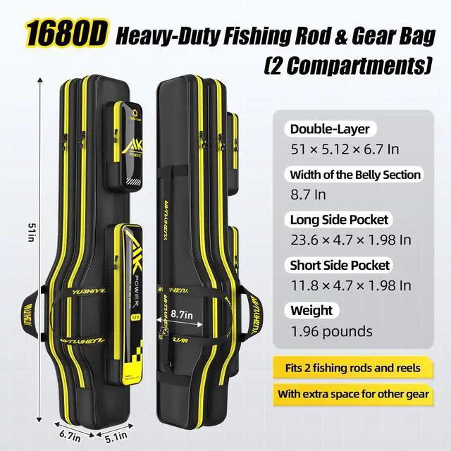 Alt view image 2 of 7 - Fishing Rod Case 51in Double-Layer 1680D Heavyweight Oxford Fishing Pole Case & Bag with Wire Frame Support(Not Hardshell)Quick-Access Compartments Anti-Sag Design Fishing Rod Bag Fishing Gift for Men