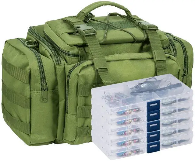 Main image of Fishing Tackle Bag 5 Boxes with 60 Lures Included Loaded Stocked Tackle Box Set Spinner Lures Kit Freshwater Gear Equipment