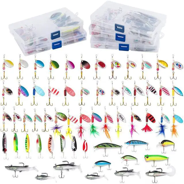 Alt view image 5 of 7 - Fishing Tackle Bag 5 Boxes with 60 Lures Included Loaded Stocked Tackle Box Set Spinner Lures Kit Freshwater Gear Equipment