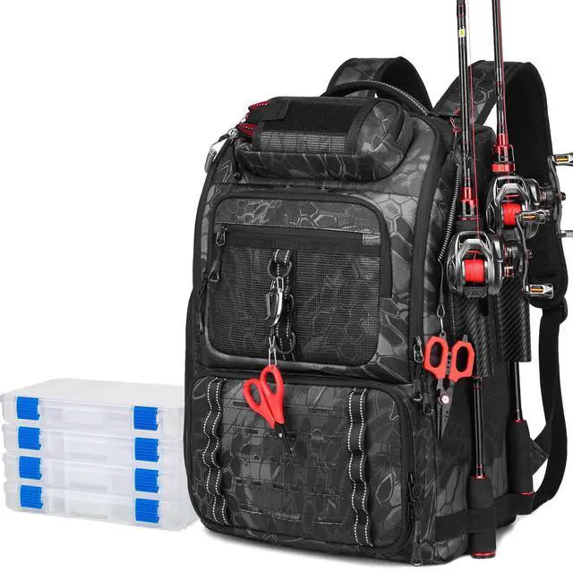 Main image of Fishing Tackle Backpack, 40L Tackle Bag with 2 Rod Holders & 4 Tackle Boxes, Water-Resistant Large Storage Fishing Gear and Equipment, Fisher Gifts for Men, Black Camo
