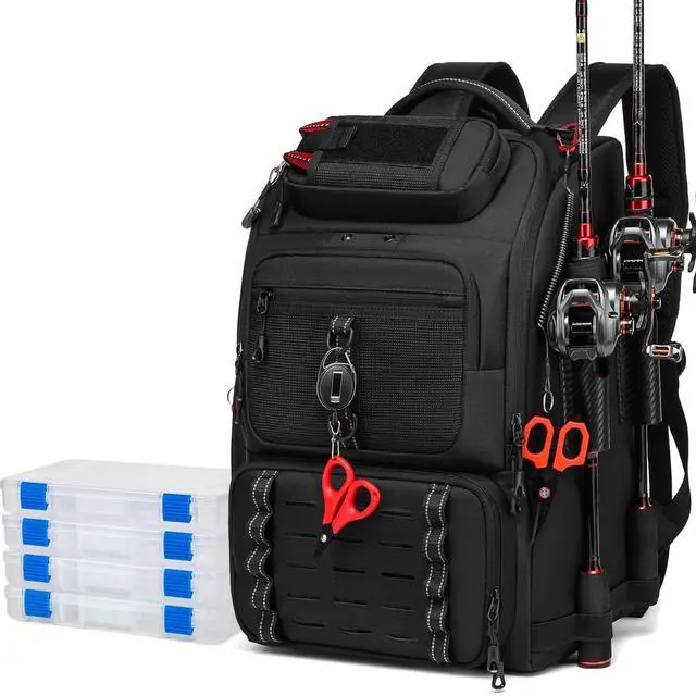 Main image of Fishing Tackle Backpack, 40L Tackle Bag with 2 Rod Holders & 4 Tackle Boxes, Water-Resistant Large Storage Fishing Gear and Equipment, Fisher Gifts for Men, Black