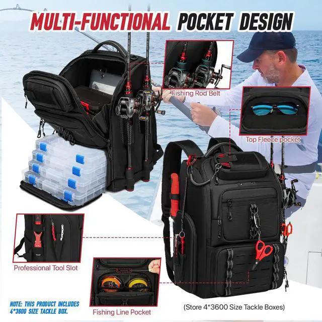 Alt view image 2 of 6 - Fishing Tackle Backpack, 40L Tackle Bag with 2 Rod Holders & 4 Tackle Boxes, Water-Resistant Large Storage Fishing Gear and Equipment, Fisher Gifts for Men, Black