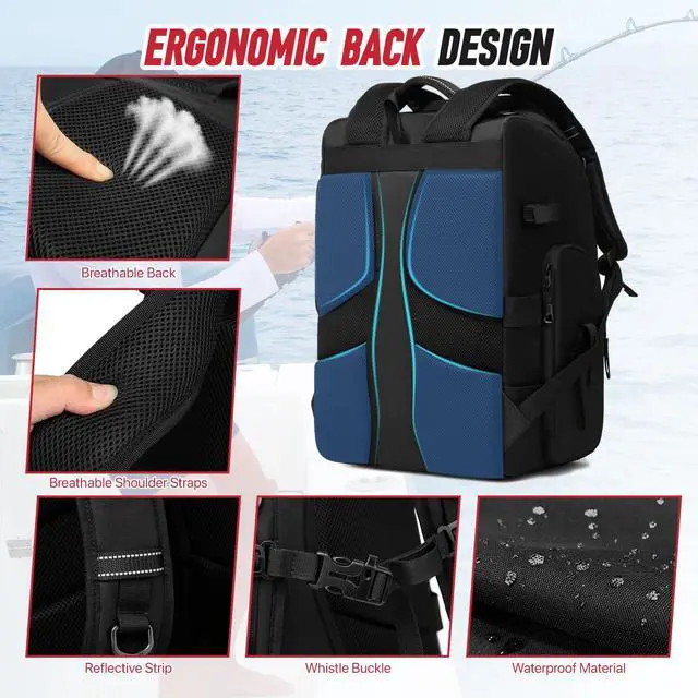 Alt view image 5 of 6 - Fishing Tackle Backpack, 40L Tackle Bag with 2 Rod Holders & 4 Tackle Boxes, Water-Resistant Large Storage Fishing Gear and Equipment, Fisher Gifts for Men, Black
