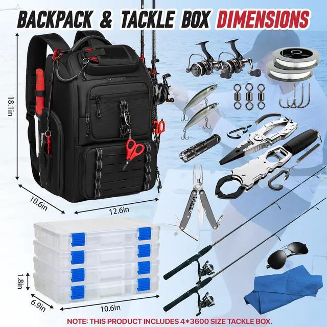 Alt view image 4 of 6 - Fishing Tackle Backpack, 40L Tackle Bag with 2 Rod Holders & 4 Tackle Boxes, Water-Resistant Large Storage Fishing Gear and Equipment, Fisher Gifts for Men, Black