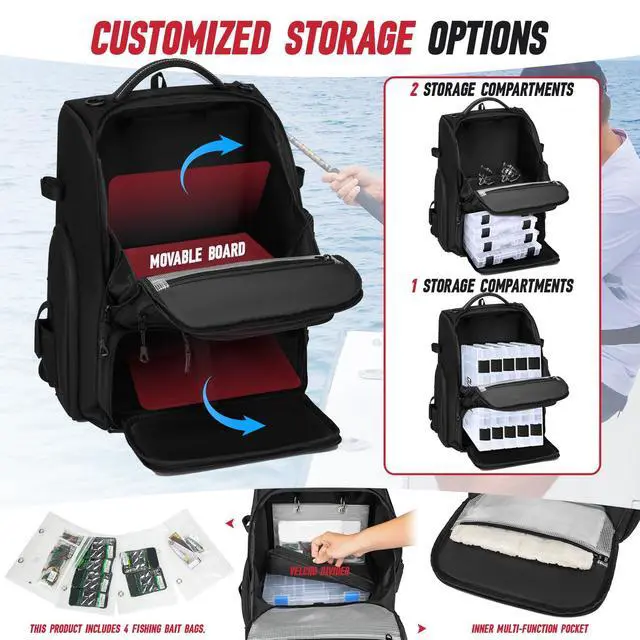 Alt view image 3 of 6 - Fishing Tackle Backpack, 40L Tackle Bag with 2 Rod Holders & 4 Tackle Boxes, Water-Resistant Large Storage Fishing Gear and Equipment, Fisher Gifts for Men, Black