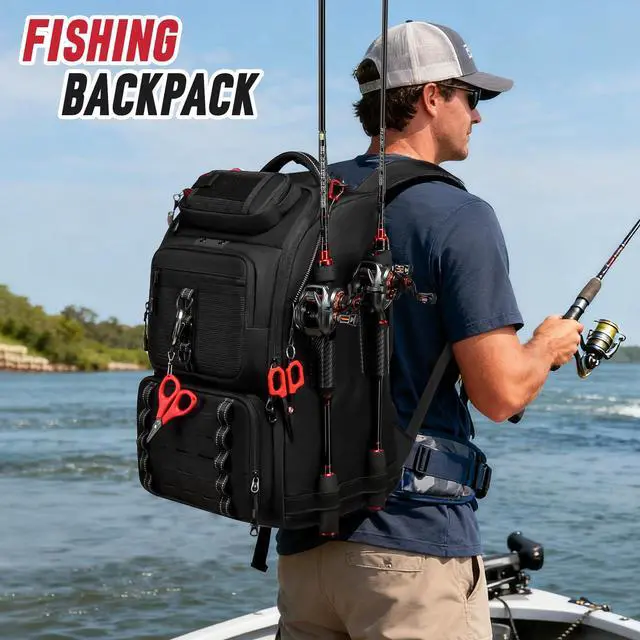 Alt view image 6 of 6 - Fishing Tackle Backpack, 40L Tackle Bag with 2 Rod Holders & 4 Tackle Boxes, Water-Resistant Large Storage Fishing Gear and Equipment, Fisher Gifts for Men, Black