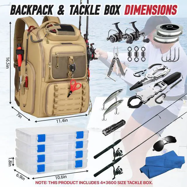 Alt view image 4 of 6 - Fishing Tackle Backpack, 40L Tackle Bag with 2 Rod Holders & 4 Tackle Boxes,Water-Resistant Large Storage Fishing Gear and Equipment, Fisher Gifts for Men, Khaki