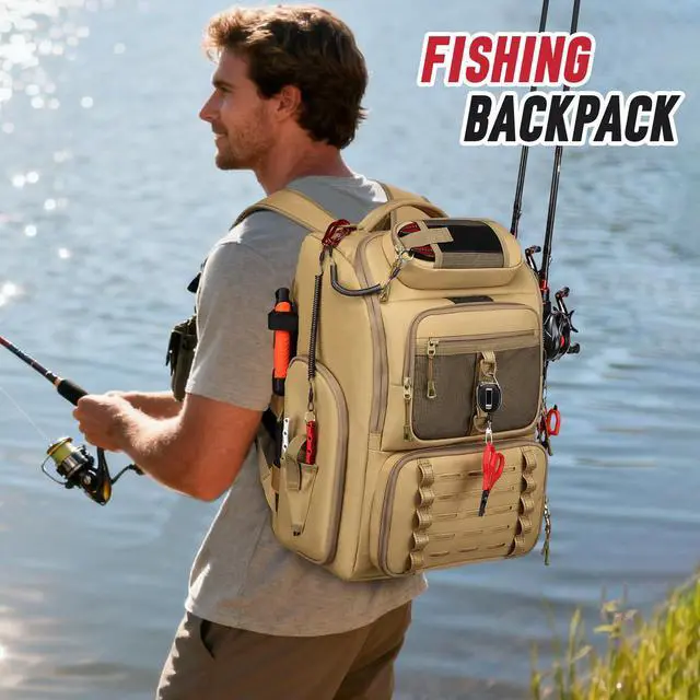 Alt view image 6 of 6 - Fishing Tackle Backpack, 40L Tackle Bag with 2 Rod Holders & 4 Tackle Boxes,Water-Resistant Large Storage Fishing Gear and Equipment, Fisher Gifts for Men, Khaki