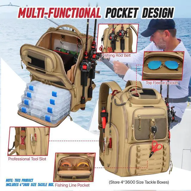 Alt view image 2 of 6 - Fishing Tackle Backpack, 40L Tackle Bag with 2 Rod Holders & 4 Tackle Boxes,Water-Resistant Large Storage Fishing Gear and Equipment, Fisher Gifts for Men, Khaki