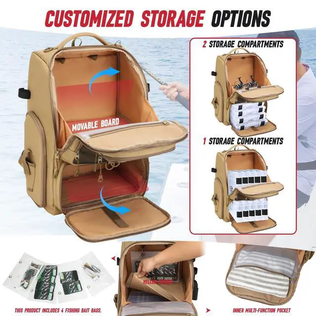 Alt view image 3 of 6 - Fishing Tackle Backpack, 40L Tackle Bag with 2 Rod Holders & 4 Tackle Boxes,Water-Resistant Large Storage Fishing Gear and Equipment, Fisher Gifts for Men, Khaki