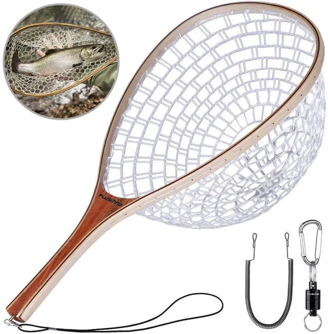 Main image of Fly Fishing Net, Wooden Frame Fishing Landing Net with Magnetic Release, Soft Rubber Mesh Net for Trout Bass Catch and Release, Magnetic Fly Fishing Gear