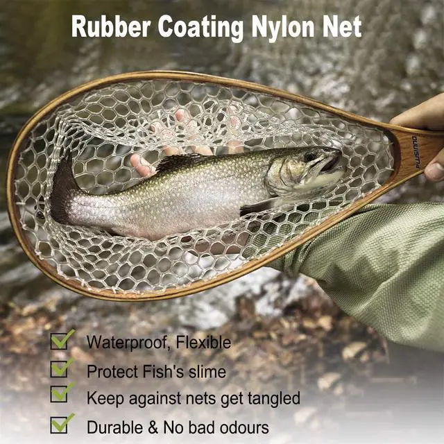 Alt view image 2 of 7 - Fly Fishing Net, Wooden Frame Fishing Landing Net with Magnetic Release, Soft Rubber Mesh Net for Trout Bass Catch and Release, Magnetic Fly Fishing Gear