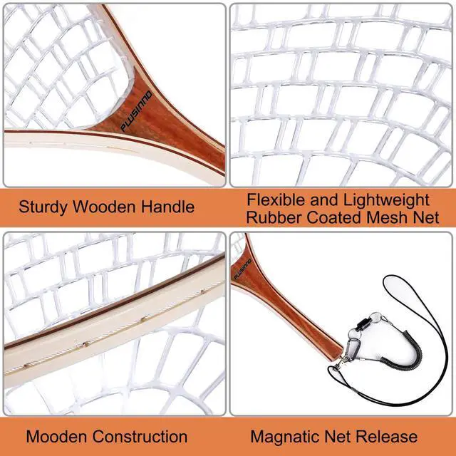 Alt view image 3 of 7 - Fly Fishing Net, Wooden Frame Fishing Landing Net with Magnetic Release, Soft Rubber Mesh Net for Trout Bass Catch and Release, Magnetic Fly Fishing Gear