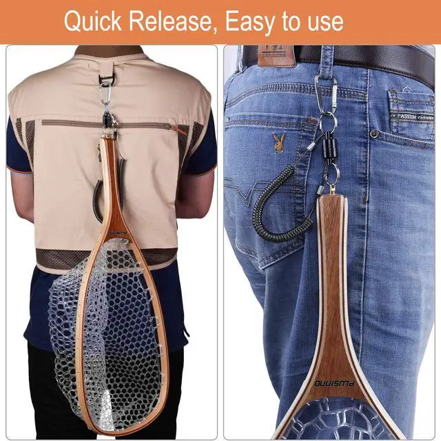 Alt view image 5 of 7 - Fly Fishing Net, Wooden Frame Fishing Landing Net with Magnetic Release, Soft Rubber Mesh Net for Trout Bass Catch and Release, Magnetic Fly Fishing Gear