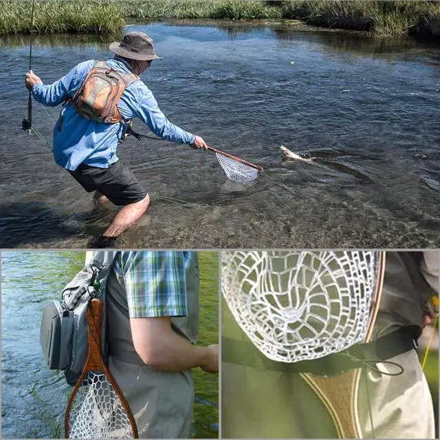 Alt view image 7 of 7 - Fly Fishing Net, Wooden Frame Fishing Landing Net with Magnetic Release, Soft Rubber Mesh Net for Trout Bass Catch and Release, Magnetic Fly Fishing Gear