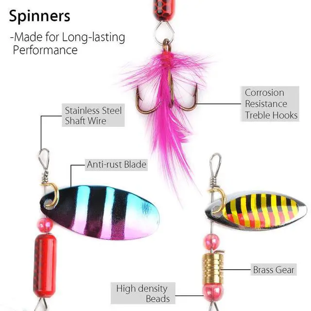 Alt view image 6 of 6 - Fishing Tackle Bag 5 Boxes with 60 Lures Included Loaded Stocked Tackle Box Set Spinner Lures Kit Freshwater Gear Equipment