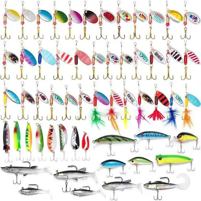 Alt view image 5 of 6 - Fishing Tackle Bag 5 Boxes with 60 Lures Included Loaded Stocked Tackle Box Set Spinner Lures Kit Freshwater Gear Equipment