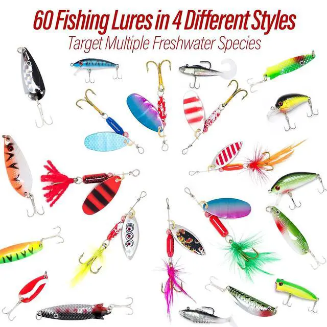 Alt view image 4 of 7 - Fishing Tackle Bag 5 Boxes with 60 Lures Included Loaded Stocked Tackle Box Set Spinner Lures Kit Freshwater Gear Equipment