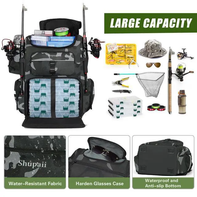 Alt view image 3 of 7 - Fishing Backpack with 2 Rod Holders, Large Water Resistant Tackle Storage Bag for Fishing Gear, Fishing Bag Gifts for Men
