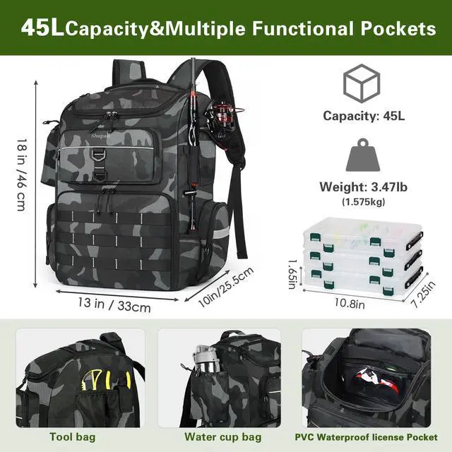 Alt view image 4 of 7 - Fishing Backpack with 2 Rod Holders, Large Water Resistant Tackle Storage Bag for Fishing Gear, Fishing Bag Gifts for Men