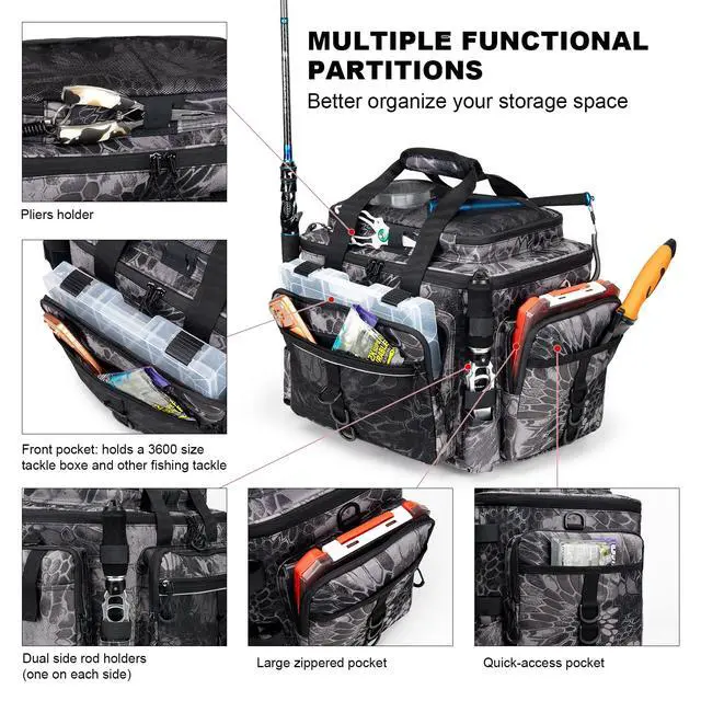 Alt view image 2 of 7 - Fishing Tackle Bag with Rod Holders & Cooler Main Compartment Large Capacity Fishing Bag for Organized Gear Storage