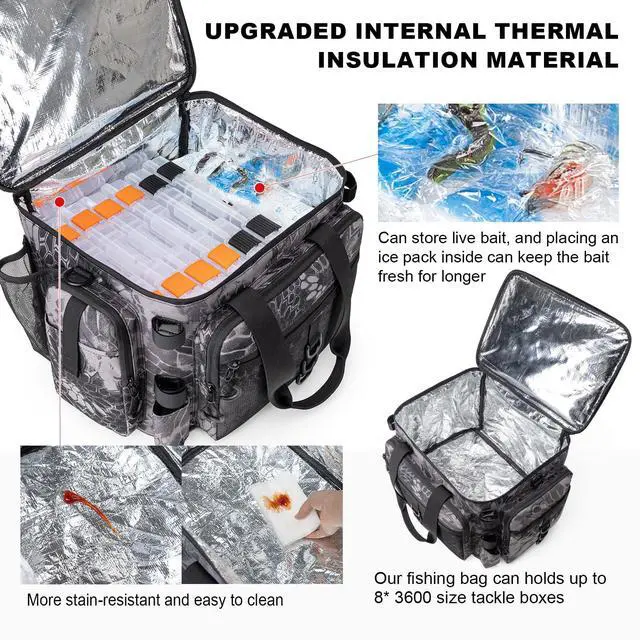 Alt view image 4 of 7 - Fishing Tackle Bag with Rod Holders & Cooler Main Compartment Large Capacity Fishing Bag for Organized Gear Storage