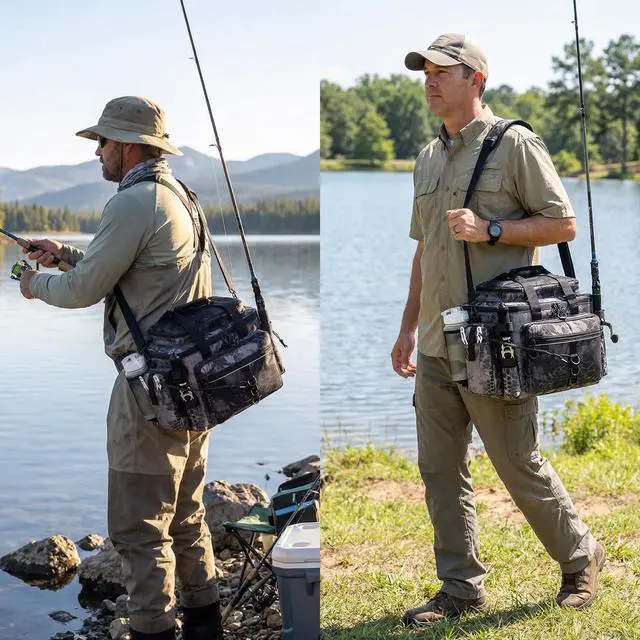 Alt view image 7 of 7 - Fishing Tackle Bag with Rod Holders & Cooler Main Compartment Large Capacity Fishing Bag for Organized Gear Storage