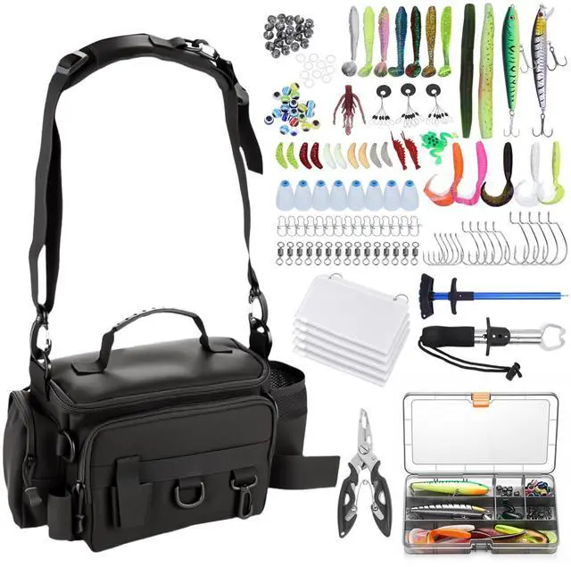 Main image of Fishing Tackle Bags with Tackle Box,Waterproof,Padded Shoulder Strap,Gear Storage,Fish Bag with 136 Pcs Fishing Lures Kit,Fish Hook Remover Tool,Fish Lip Gripper,Fishing Plier,Gifts for Men (Black)