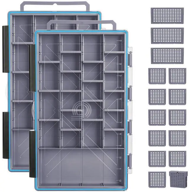 Main image of Fishing Tackle Boxes, 2-Pack Waterproof 3700 Tackle Trays with Adjustable Dividers, Portable Clear Plastic Tackle Organizers with DIY Dividers for Lures, Hooks, Bass Gear, Gray