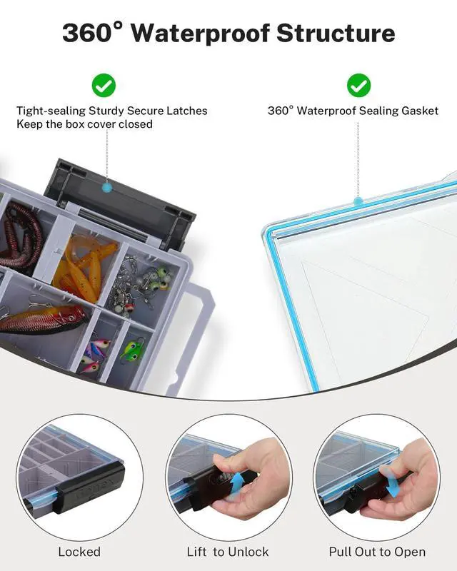 Alt view image 3 of 7 - Fishing Tackle Boxes, 2-Pack Waterproof 3700 Tackle Trays with Adjustable Dividers, Portable Clear Plastic Tackle Organizers with DIY Dividers for Lures, Hooks, Bass Gear, Gray