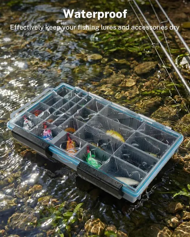 Alt view image 2 of 7 - Fishing Tackle Boxes, 2-Pack Waterproof 3700 Tackle Trays with Adjustable Dividers, Portable Clear Plastic Tackle Organizers with DIY Dividers for Lures, Hooks, Bass Gear, Gray
