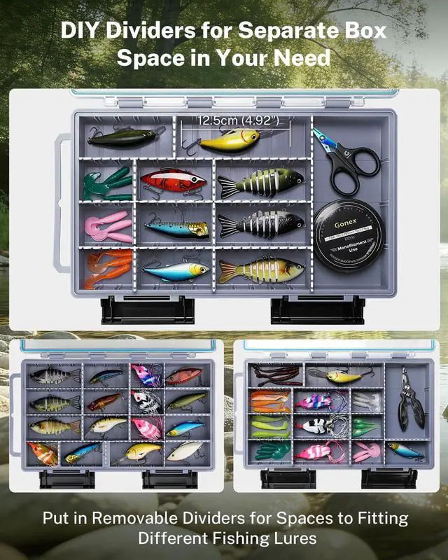 Alt view image 5 of 7 - Fishing Tackle Boxes, 2-Pack Waterproof 3700 Tackle Trays with Adjustable Dividers, Portable Clear Plastic Tackle Organizers with DIY Dividers for Lures, Hooks, Bass Gear, Gray