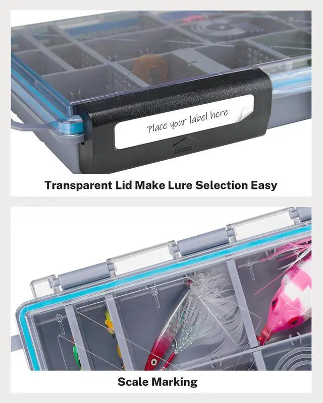 Alt view image 7 of 7 - Fishing Tackle Boxes, 2-Pack Waterproof 3700 Tackle Trays with Adjustable Dividers, Portable Clear Plastic Tackle Organizers with DIY Dividers for Lures, Hooks, Bass Gear, Gray