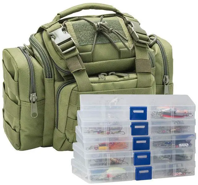 Main image of Fishing Tackle Bag 5 Boxes with 60 Lures Included Loaded Stocked Tackle Box Set Spinner Lures Kit Freshwater Gear Equipment