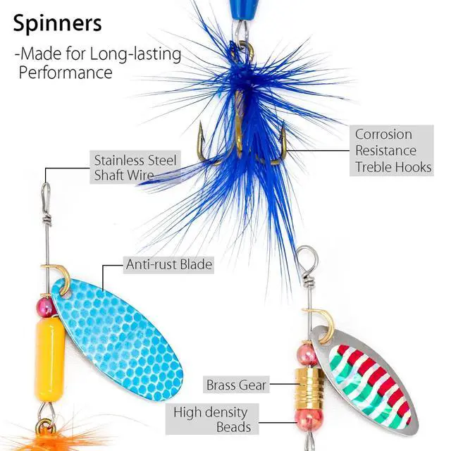 Alt view image 6 of 7 - Fishing Tackle Bag 5 Boxes with 60 Lures Included Loaded Stocked Tackle Box Set Spinner Lures Kit Freshwater Gear Equipment