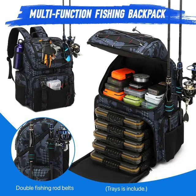 Alt view image 2 of 6 - Fishing Backpack, 45L Large Cooler Fishing Tackle bag with Rod Holders & Rain Cover, Water-resistant Store Gear(With 4 Tackle Boxes)