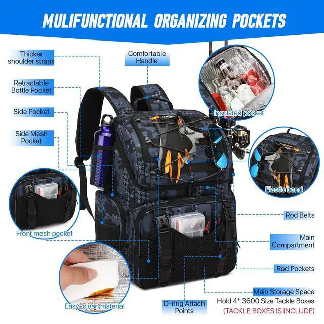 Alt view image 3 of 6 - Fishing Backpack, 45L Large Cooler Fishing Tackle bag with Rod Holders & Rain Cover, Water-resistant Store Gear(With 4 Tackle Boxes)