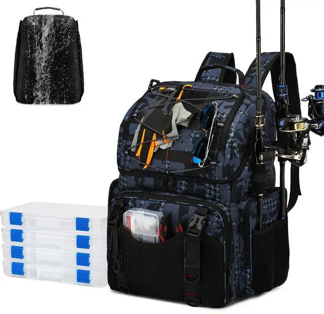 Main image of Fishing Backpack, 45L Large Cooler Fishing Tackle bag with Rod Holders & Rain Cover, Water-resistant Store Gear(With 4 Tackle Boxes)