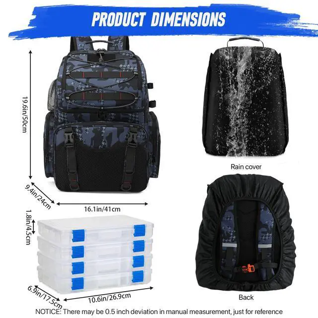 Alt view image 4 of 6 - Fishing Backpack, 45L Large Cooler Fishing Tackle bag with Rod Holders & Rain Cover, Water-resistant Store Gear(With 4 Tackle Boxes)